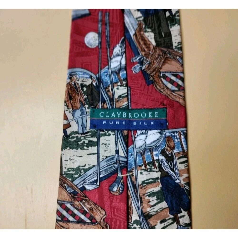 Vintage Claybrooke Men's Dark Red Silk Golf Theme Novelty Tie L-57